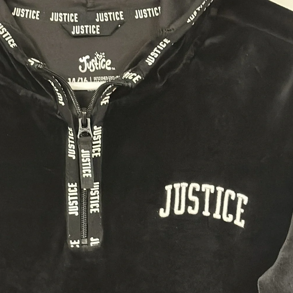 Justice Velvet velour Black Super Soft Hoodie Pullover size 14 / 16 girl EUC!